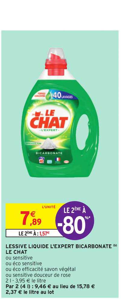 Offre Lessive Liquide L Expert Bicarbonate Le Chat Le 2eme A 80 Chez Intermarche Hyper