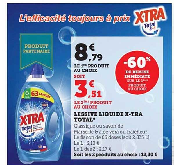 Lessive liquide concentrée XTRA TOTAL 2,835L 63 lavages - Super U