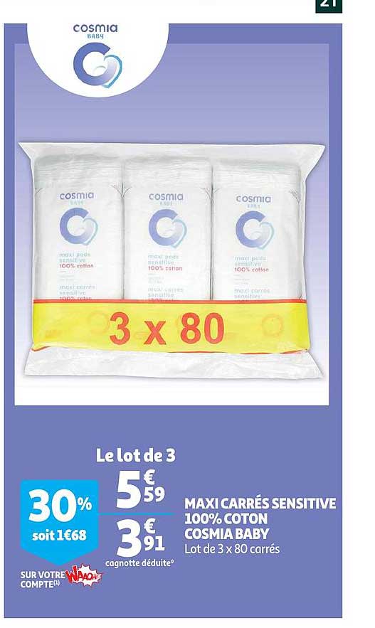 Offre Maxi Carres Sensitive 100 Coton Cosmia Baby Chez Auchan