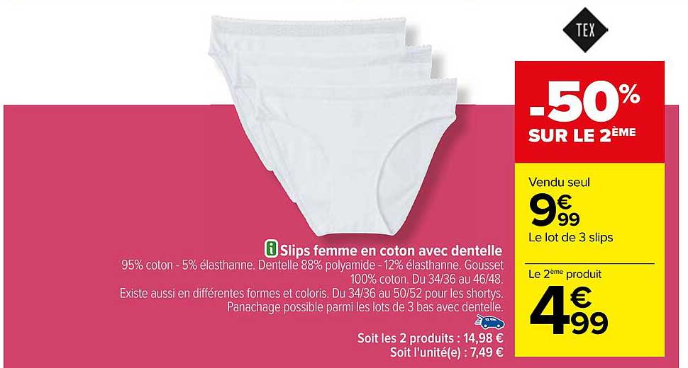 Promo Slips Femme En Coton Avec Dentelle Tex chez Carrefour iCatalogue.fr