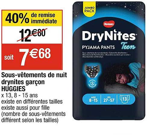 HUGGIES DRYNITES Couches Nuit S Garçon 3-5ans 10 pièces | Nuit Sèche