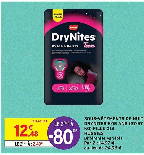 Promo Huggies sous-vêtements de nuit drynites 8-15 ans (27-57 kg) fille x13  chez Intermarché