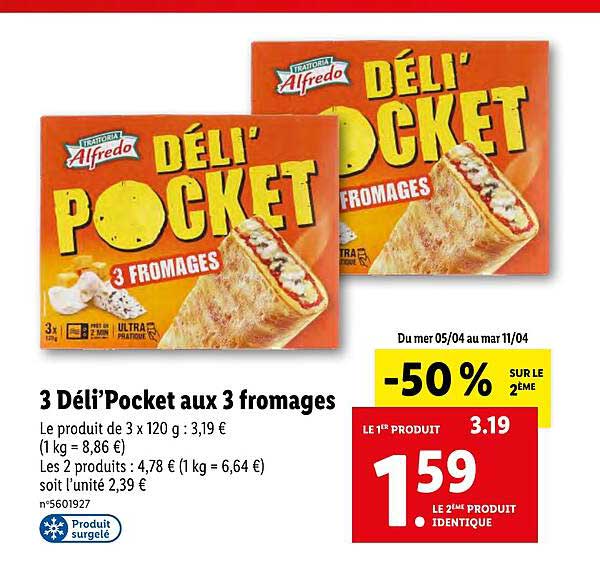 Promo 3 Déli'pocket Aux 3 Fromages Alfredo chez Lidl iCatalogue.fr