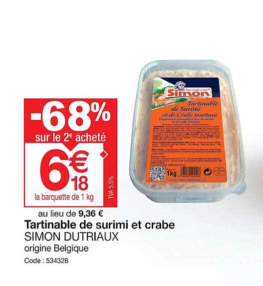 Tartinable de Surimi et Crabe 5 % - 135g - Tartinable de surimi - Simon  Dutriaux