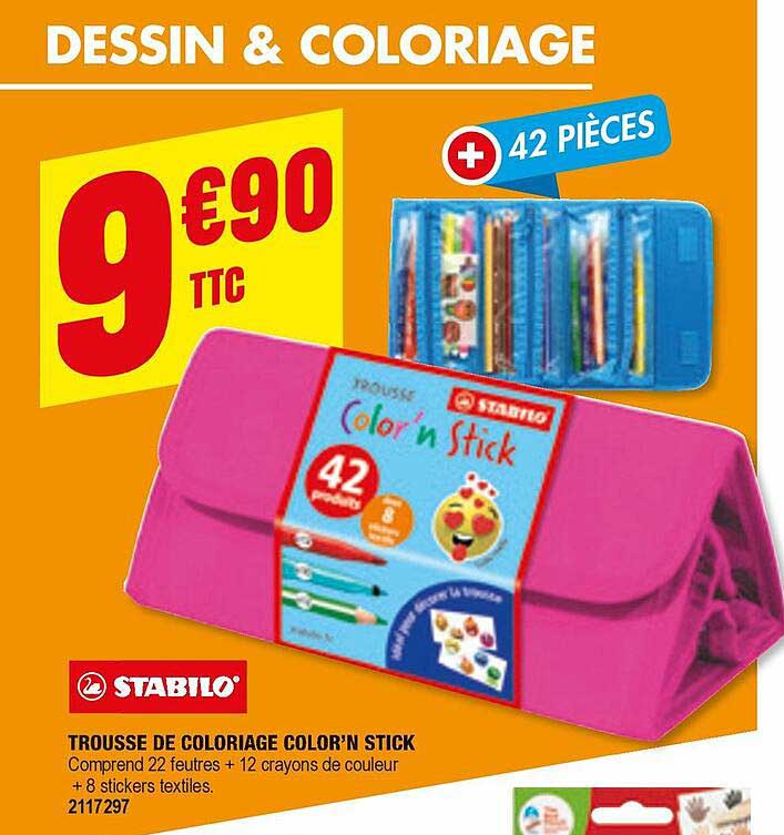 STABILO Trousse de coloriage Color'n stick - 22 feutres,12 crayons + 8  stickers textiles - La Poste