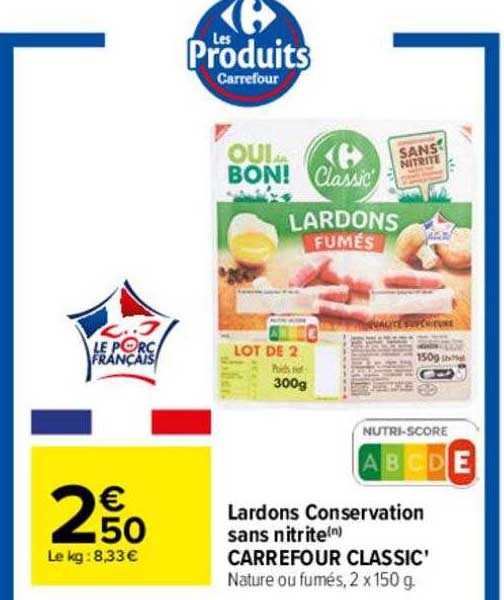 Offre Lardons Conservation Sans Nitrite Carrefour Classic' chez Carrefour
