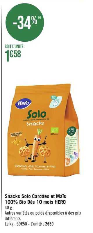 Biscuits Céréales Farine De Blé Complet Hero Solo BIO - Snack Carotte Et Mais Biologiques - Pour Bébés Des 10 Mois - Non Frits, 100% Naturels, Sans Gluten, Ni Conservateurs Ni Colorants