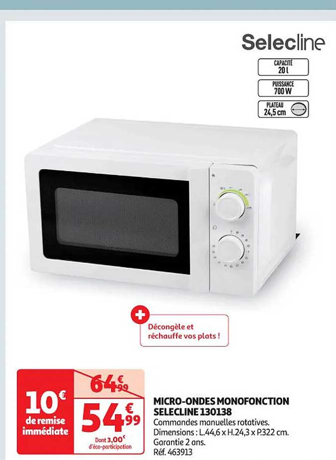 SELECLINE Micro-ondes monofonction 130138 - 700 W - Capacité 20 L - Blanc  pas cher 
