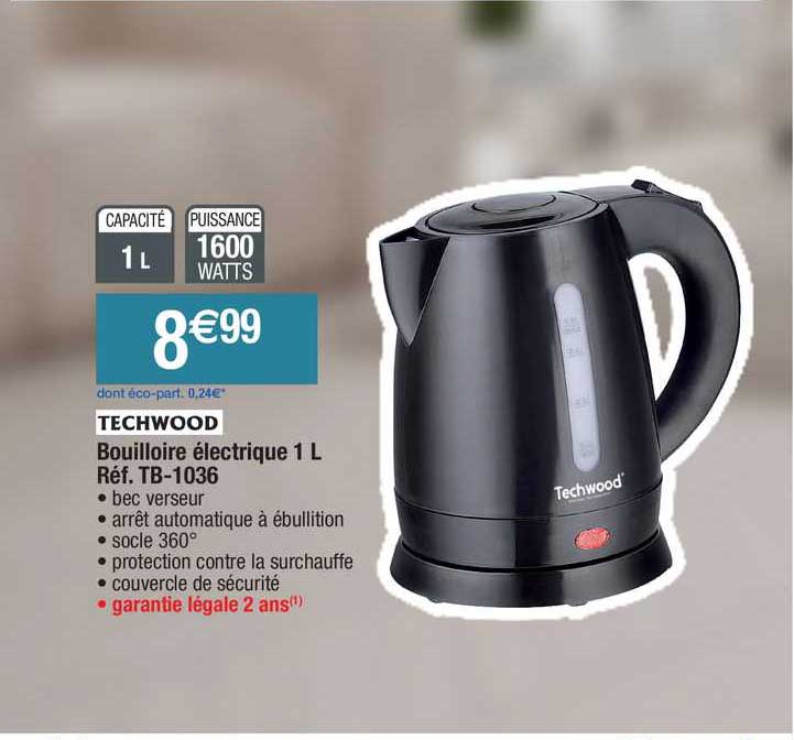 Bouilloire électrique Techwood TB-1626 1,6 L - Arrêt Automatique, Filtre Amovible, Voyant Lumineux