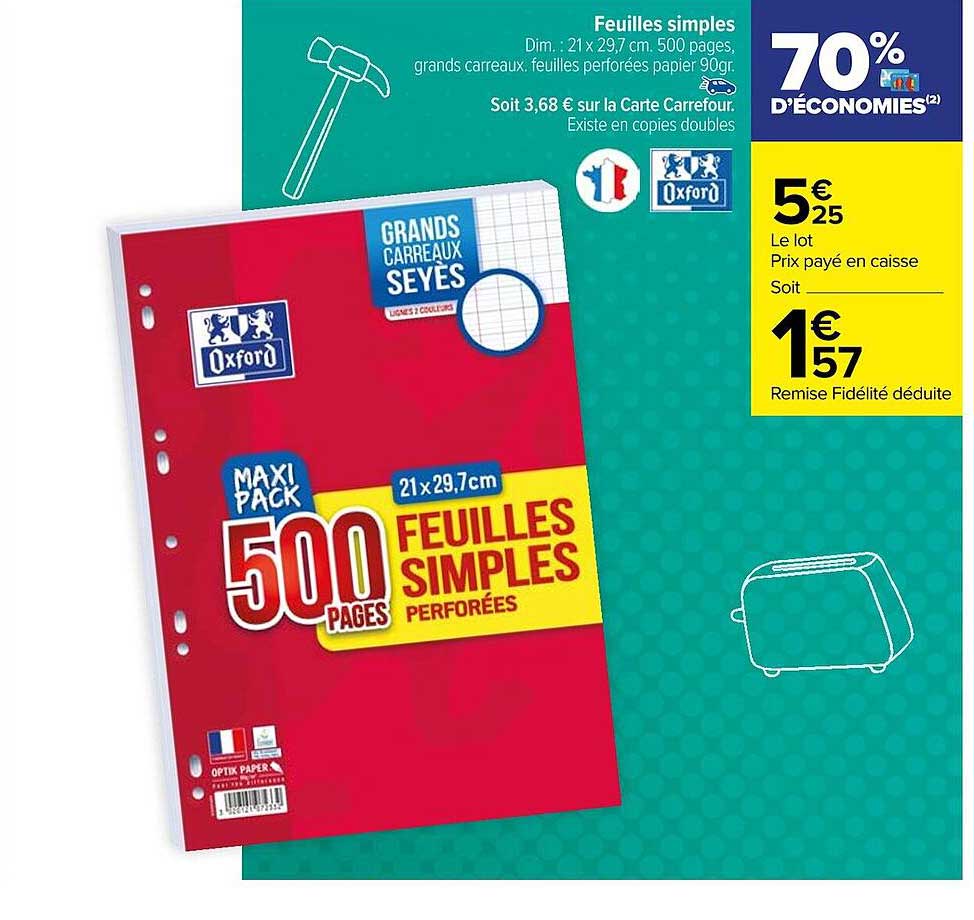 Feuilles Oxford A4 - 500 Pages Grands Carreaux Seyès + 400 Pages Copies Doubles - Papier 90g - Fabriqué En France