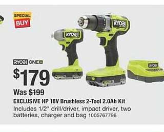 The Home Depot Ryobi One+ 18v Brushless 2-tool 2.0ah Kit