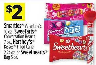Dollar General Smarties Valentine's, SweeTarts Conversation Hearts, Hershey's Kisses Filled Cane Or Sweethearts