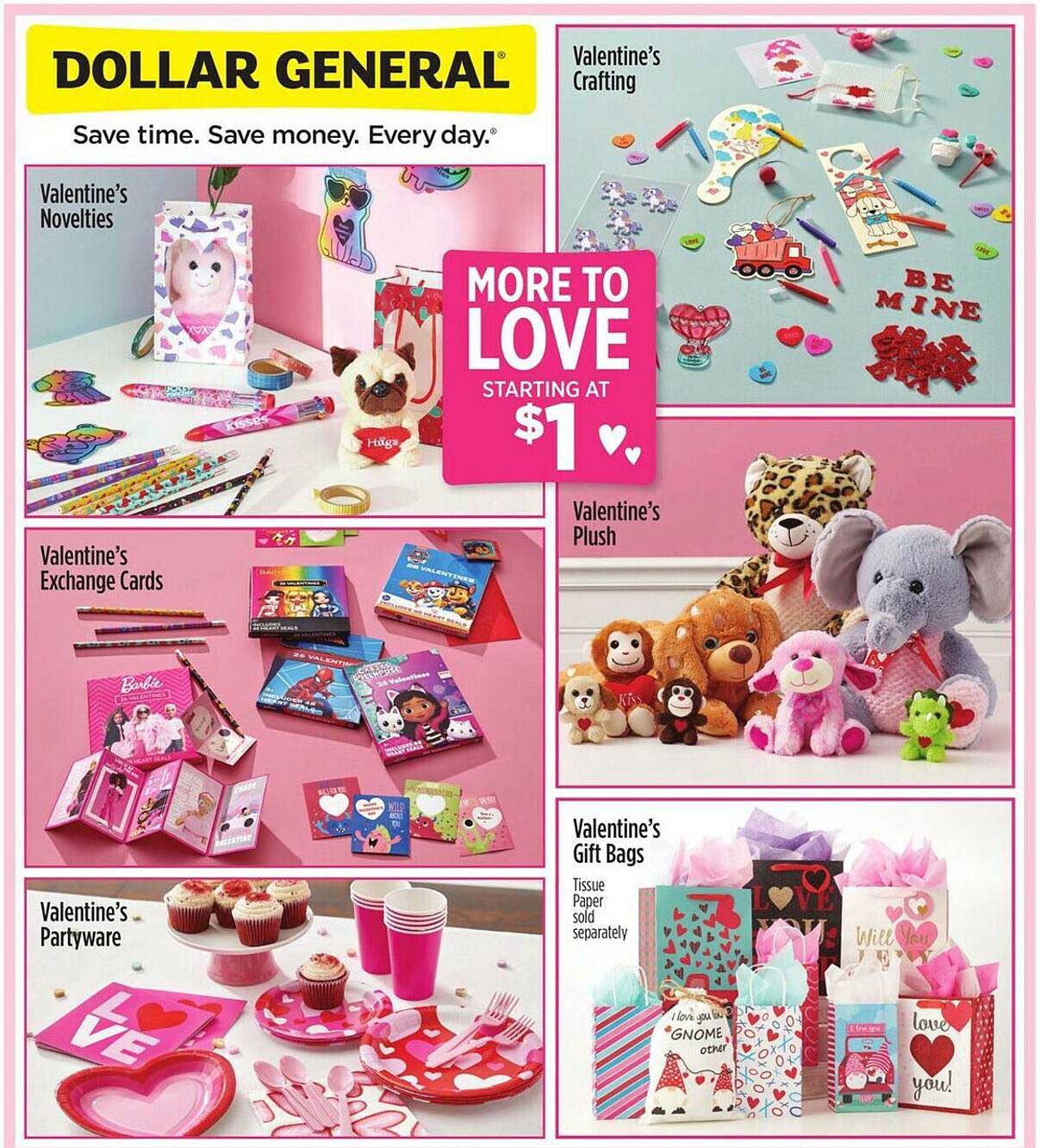 Dollar General Valentine's Novelties, Valentine's Exchange Cards, Valentine's Partyware, Valentine's Crafting, Valentine's Plush, Valentine's Gift Bags