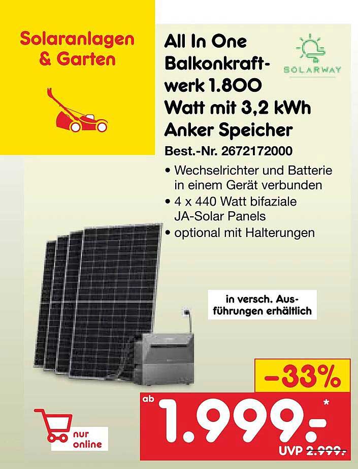 All In One Balkonkraftwerk 1.800 Watt mit 3,2 kWh Anker Speicher