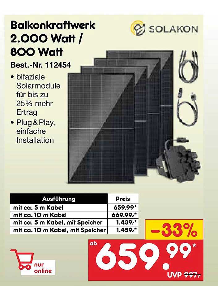 Balkonkraftwerk 2.000 Watt / 800 Watt