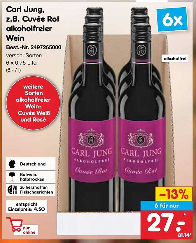 Carl Jung, z.B. Cuvée Rot alkoholfreier Wein