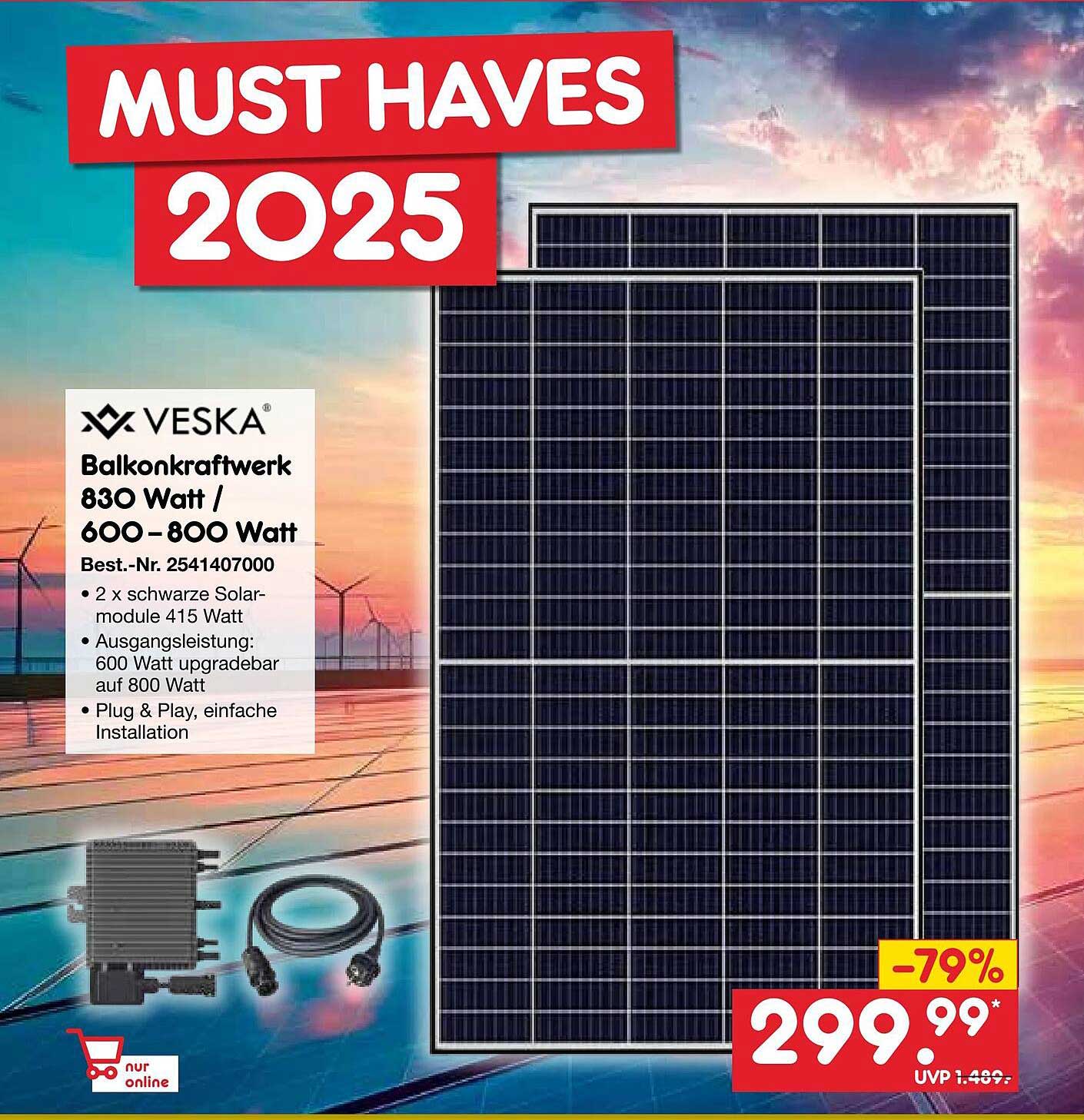 VESKA Balkonkraftwerk 830 Watt / 600–800 Watt