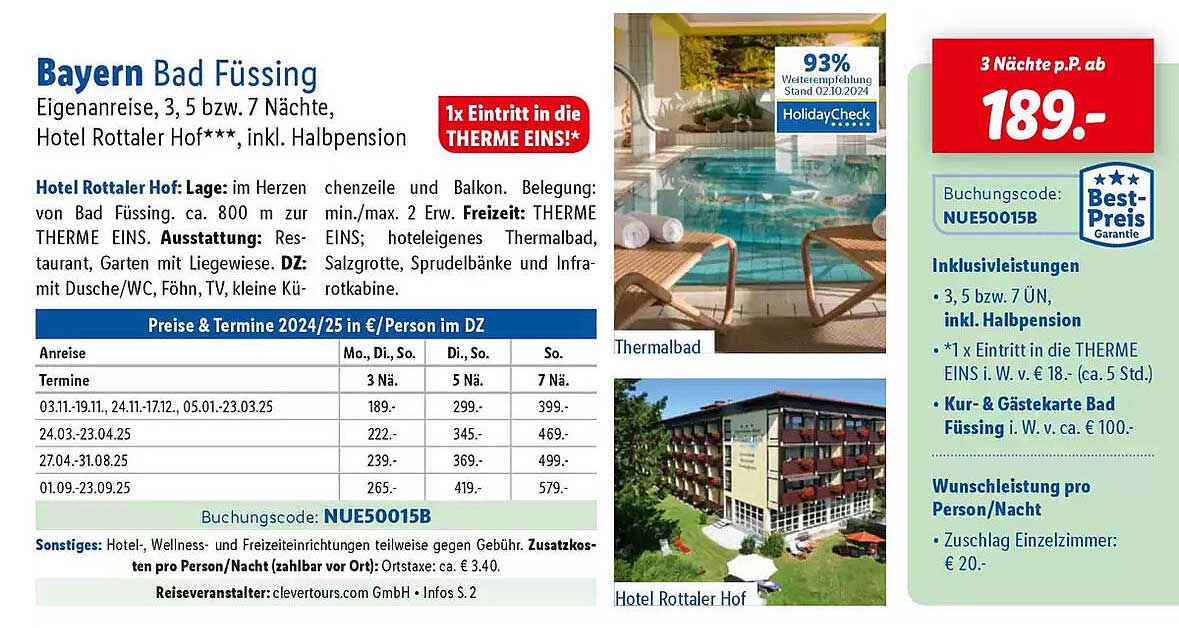 Bayern Bad Füssing Eigenanreise, 3, 5 bzw. 7 Nächte, Hotel Rottaler Hof***, inkl. Halbpension