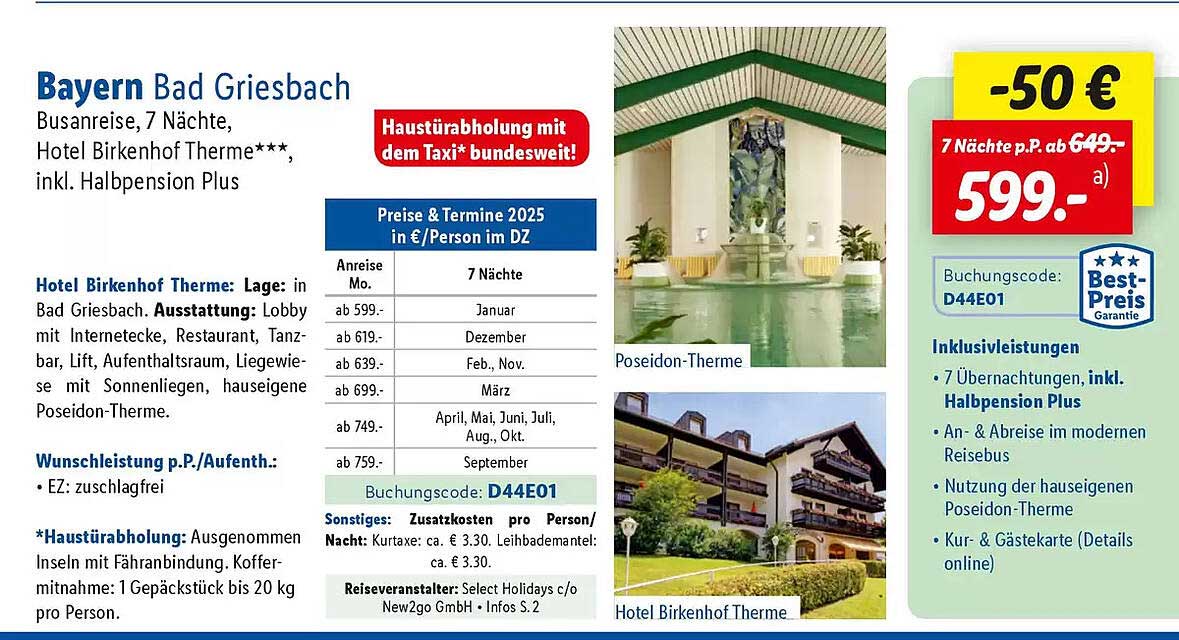 Bayern Bad Griesbach Busreise, 7 Nächte, Hotel Birkenhof Therme***, inkl. Halbpension Plus