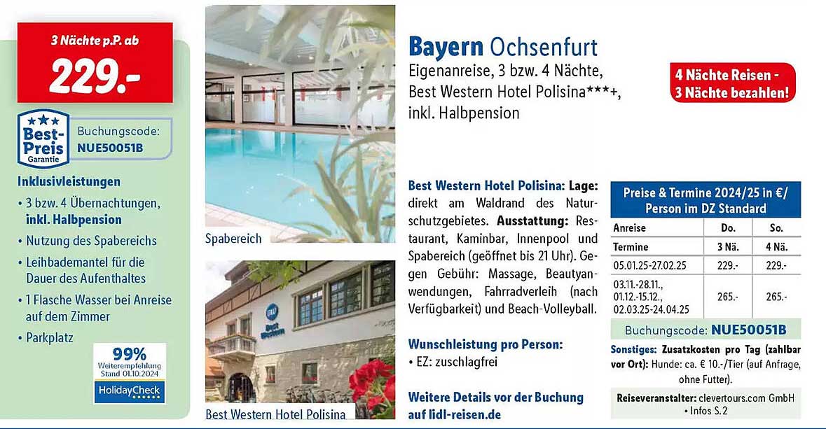 Bayern Ochsenfurt Eigenanreise, 3 bzw. 4 Nächte, Best Western Hotel Polsina****, inkl. Halbpension