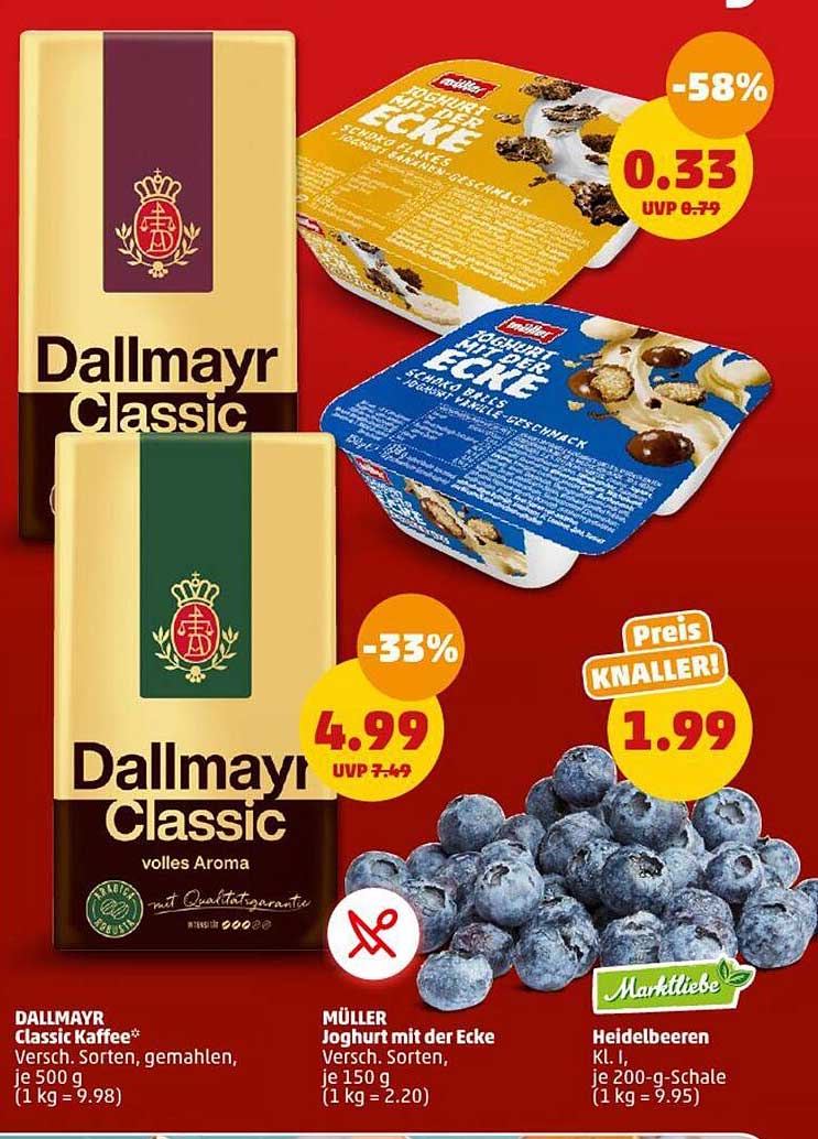 Dallmayr Classic  
Müller Joghurt mit der Ecke  
Heidelbeeren  