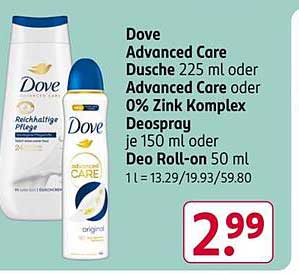 Dove Advanced Care Dusche 225 ml oder Advanced Care oder 0% Zink Komplex Deospray je 150 ml oder Deo Roll-on 50 ml