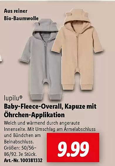 lupilu® Baby-Fleece-Overall, Kapuze mit Öhrchen-Applikation