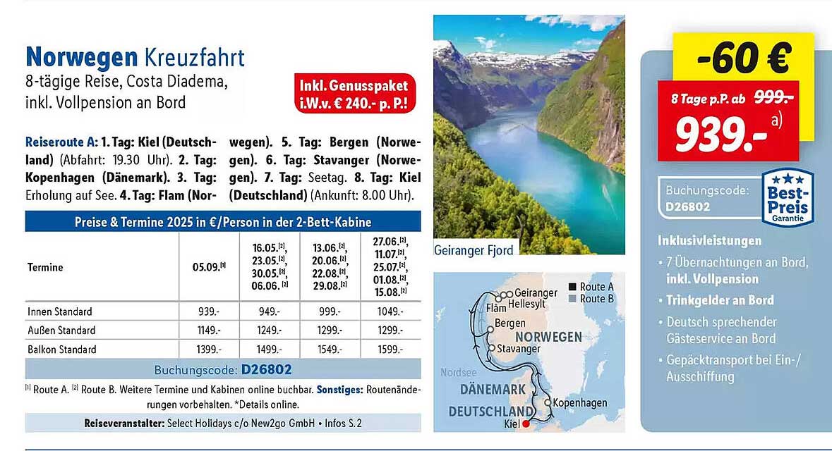 Norwegen Kreuzfahrt 8-tägige Reise, Costa Diadema, inkl. Vollpension an Bord