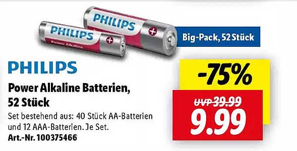 PHILIPS Power Alkaline Batterien, 52 Stück