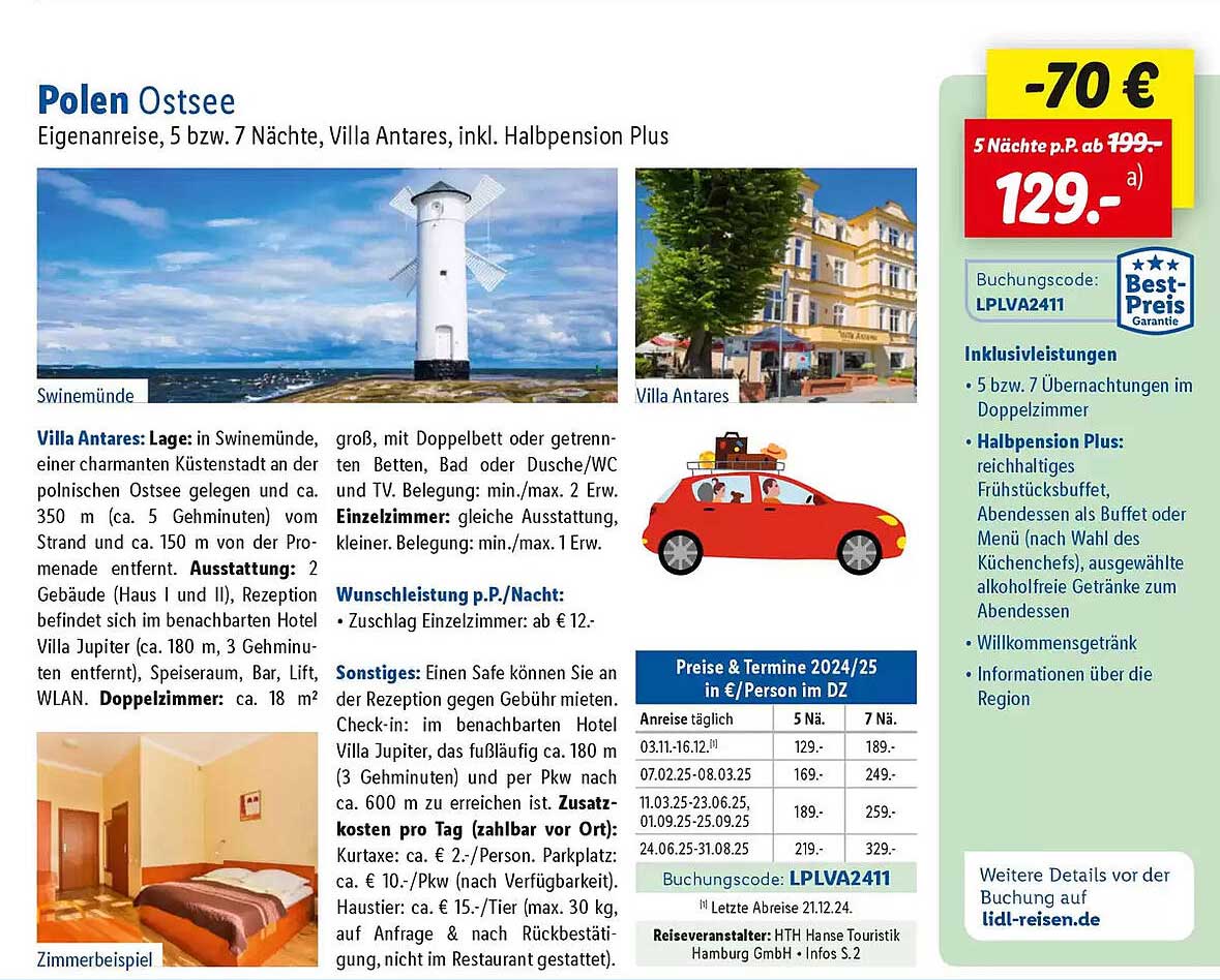 Polen Ostsee Eigenreise, 5 bzw. 7 Nächte, Villa Antares, inkl. Halbpension Plus