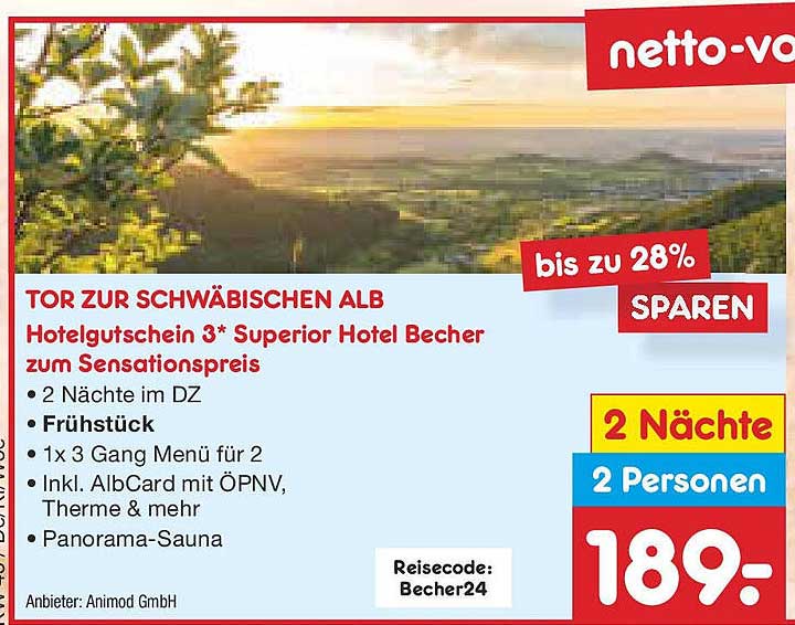 TOR ZUR SCHWÄBISCHEN ALB Hotelgutschein 3* Superior Hotel Becher zum Sensationspreis