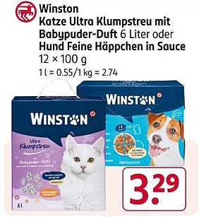 Winston Katze Ultra Klumpstreu mit Babypuder-Duft 6 Liter oder Hund Feine Häppchen in Sauce