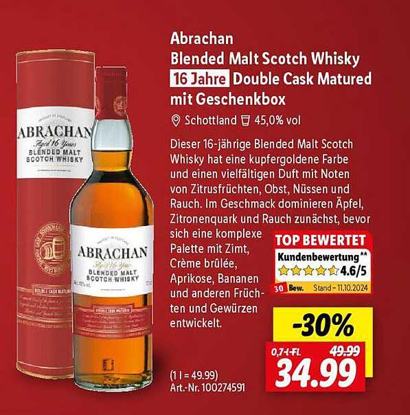 Abrachan Blended Malt Scotch Whisky 16 Jahre Double Cask Matured mit Geschenkbox