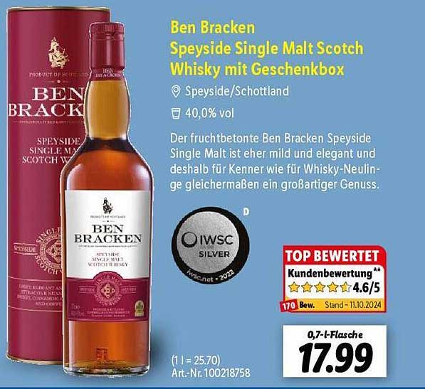 Ben Bracken Speyside Single Malt Scotch Whisky mit Geschenkkbox