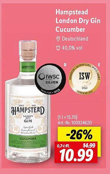 Hampstead London Dry Gin Cucumber