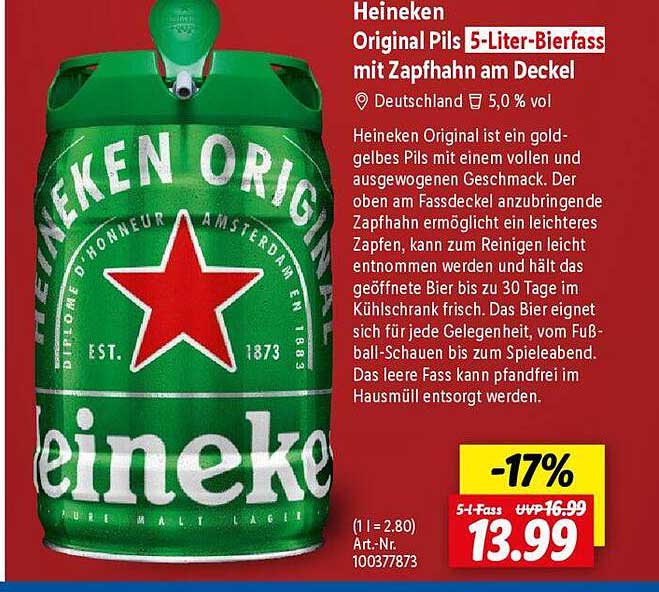 Heineken Original Pils 5-Liter-Bierfass mit Zapfhahn am Deckel