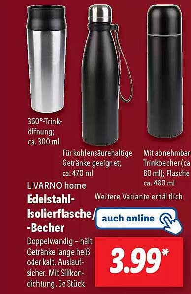 LIVARNO home Edelstahl-Isolierflasche-Becher