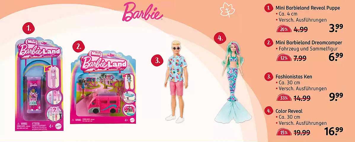 Mini Barbieland Reveal Puppe  
Mini Barbieland Dreamcamper  
Fashionistas Ken  
Color Reveal  