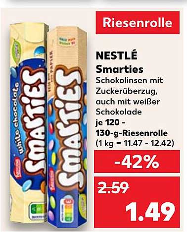 NESTLÉ Smarties Schokolinsen mit Zuckerüberzug, auch mit weißer Schokolade je 120 - 130-g-Riesenrolle