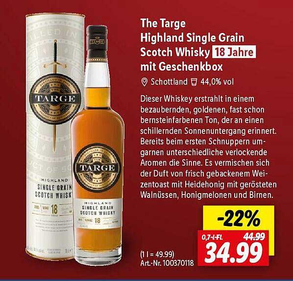 The Targe Highland Single Grain Scotch Whisky 18 Jahre mit Geschenkbok