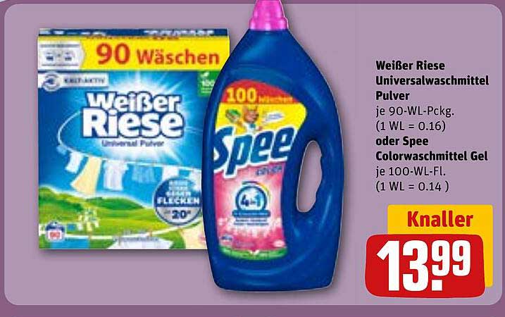 Weiße Riese Universalwaschmittel Pulver  
oder Spee Colorwaschmittel Gel