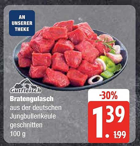 Bratengulasch aus der deutschen Jungbullenkeule geschnitten