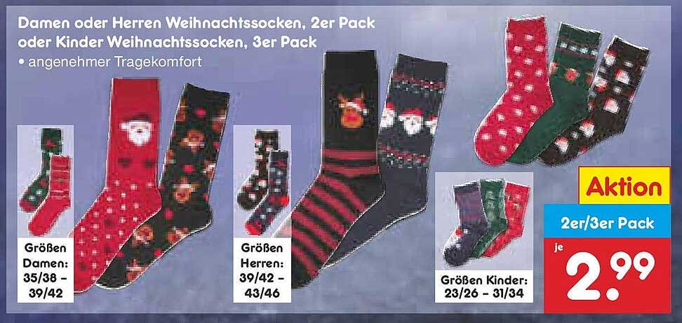 Damen oder Herren Weihnachtssocken, 2er Pack oder Kinder Weihnachtssocken, 3er Pack