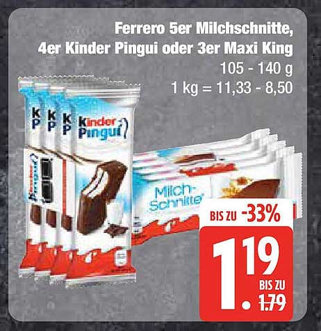 Ferrero 5er Milchschnitte, 4er Kinder Pingui oder 3er Maxi King