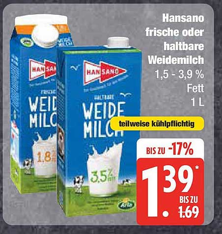 Hansano frische oder haltbare Weidemilch