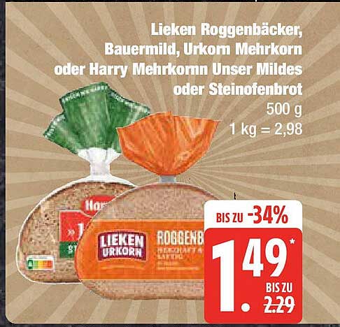 Lieken Roggenbäcker, Bauerndinkel, Urkorn Mehrkorn oder Harry Mehrkorn Unser Mildes oder Steinofenbrot