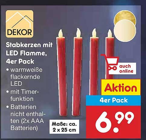 Stabkerzen mit LED Flamme, 4er Pack