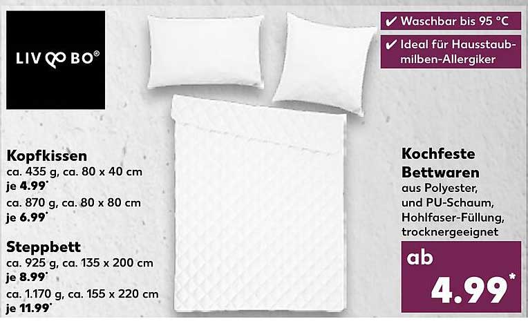 Kopf kissen  
Steppbett  
Kochfeste Bettwaren