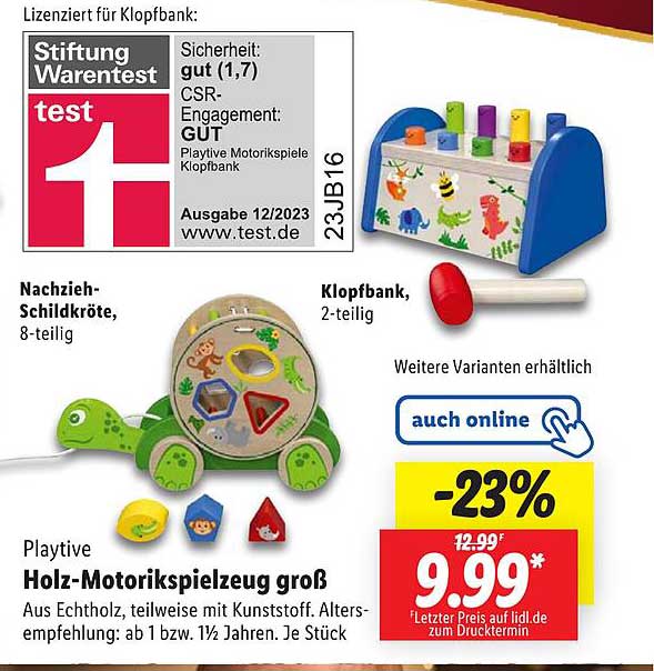 Nachzieh-Schildkröte, 8-teilig  
Klopfbank, 2-teilig  
Playtive Holz-Motorikspielzeug groß