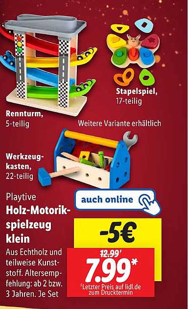 Rennturm, 5-teilig  
Stapelspiel, 17-teilig  
Werkzeugkasten, 22-teilig  
Playtive Holz-Motorspielzeug klein